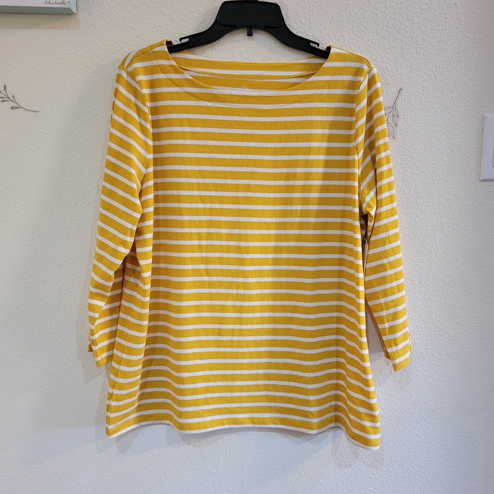 St. John's Bay Yellow and White Striped Boatneck Long Sleeve Tee SIZE L